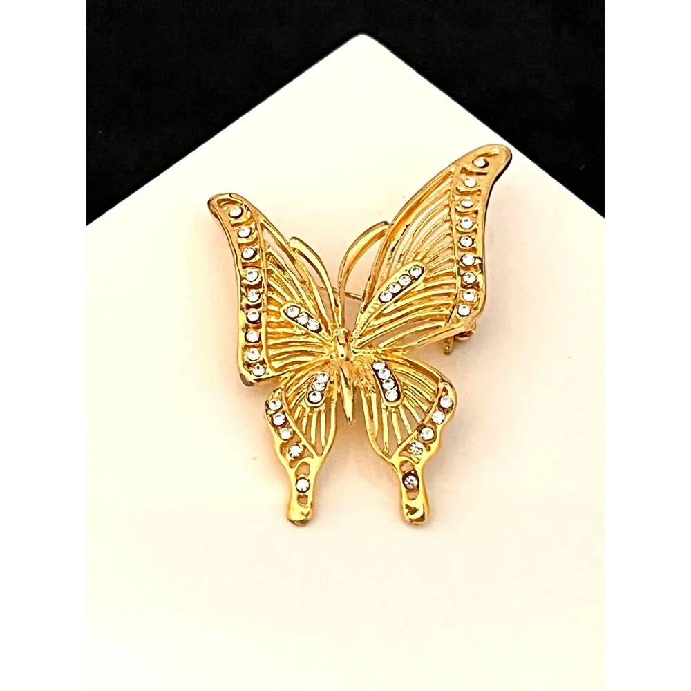2000s Butterfly Brooch Clear Rhinestone Openwork Gold Tone Statement - 1I